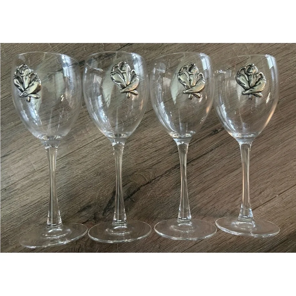 4‎ CINCO de MAYO Wine Glasses Pewter Chili Pepper Accent Southwestern 7.5” EC